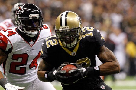 NEW ORLEANS, LA - DECEMBER 26:  Wide receiver Marques Colston #12 of the New Orleans Saints catches an eight-yard touchdown pass in the second quarter against the Atlanta Falcons at the Mercedes-Benz Superdome on December 26, 2011 in New Orleans, Louisiana.  <br /><br /><span class="help">(Photo by Chris Graythen/Getty Images)</span>