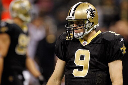 NEW ORLEANS, LA - DECEMBER 26:  Quarterback Drew Brees #9 of the New Orleans Saints looks on against the Atlanta Falcons in the second quarter at the Mercedes-Benz Superdome on December 26, 2011 in New Orleans, Louisiana.  <br /><br /><span class="help">(Photo by Chris Graythen/Getty Images)</span>