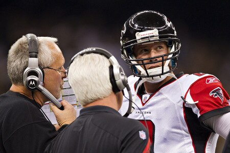 NEW ORLEANS, LA - DECEMBER 26:   Matt Ryan #2 of the Atlanta Falcons talks with his coaches on the sidelines during a game against the New Orleans Saints at Mercedes-Benz Superdome on December 26, 2011 in New Orleans, Louisiana.  The Saints defeated the Falcons 45-16.  <br /><br /><span class="help">(Photo by Wesley Hitt/Getty Images)</span>