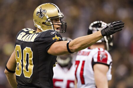 NEW ORLEANS, LA - DECEMBER 26:   Jimmy Graham #80 of the New Orleans Saints signals for a first down against the Atlanta Falcons at Mercedes-Benz Superdome on December 26, 2011 in New Orleans, Louisiana.  The Saints defeated the Falcons 45-16.  <br /><br /><span class="help">(Photo by Wesley Hitt/Getty Images)</span>