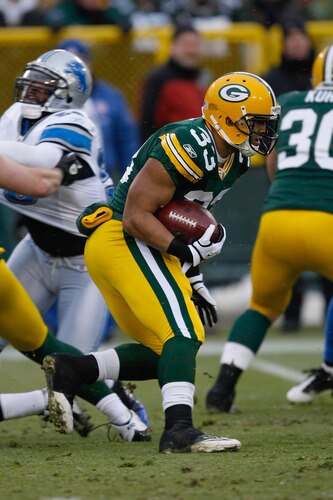 GREEN BAY, WI - JANUARY 1: Brandon Saine #33 of the Green Bay Packers runs during the game against the Detroit Lions at Lambeau Field on January 1, 2012 in Green Bay, Wisconsin. <br /><br /><span class="help">(Photo by Scott Boehm/Getty Images)</span>