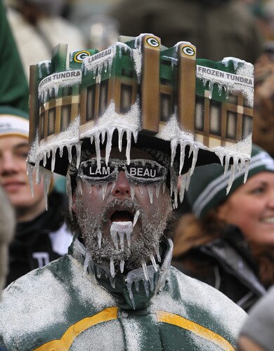 GREEN BAY, WI - JANUARY 01: A fan of the Green Bay Packers wears a frozen Lambeau Field hat during a game against the Detroit Lions at Lambeau Field on January 1, 2012 in Green Bay, Wisconsin. <br /><br /><span class="help">(Photo by Jonathan Daniel/Getty Images)</span>