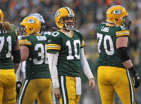 GREEN BAY, WI - JANUARY 01: Matt Flynn #10 of the Green Bay Packers smiles as time runs out of a game against the Detroit Lions at Lambeau Field on January 1, 2012 in Green Bay, Wisconsin. The Packers defeated the Lions 45-41. <br /><br /><span class="help">(Photo by Jonathan Daniel/Getty Images)</span>