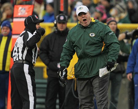 GREEN BAY, WI - JANUARY 01:  Head coach Mike McCarthy of the Green Bay Packers yells at line judge Mike Spanier #90 during a game against the Detroit Lions at Lambeau Field on January 1, 2012 in Green Bay, Wisconsin. The Packers defeated the Lions 45-41.  <br /><br /><span class="help">(Photo by Jonathan Daniel/Getty Images)</span>