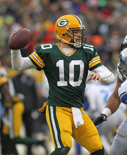 GREEN BAY, WI - JANUARY 01:  Matt Flynn #10 of the Green Bay Packers throws a pass against the Detroit Lions at Lambeau Field on January 1, 2012 in Green Bay, Wisconsin. The Packers defeated the Lions 45-41.  <br /><br /><span class="help">(Photo by Jonathan Daniel/Getty Images)</span>