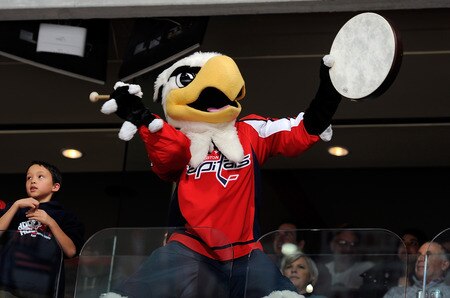 WASHINGTON, DC - JANUARY 17:  Washington mascot Slapshot performs during the game between the New York Islanders and the Washington Capitals at the Verizon Center on January 17, 2012 in Washington, DC.  <br /><br /><span class="help">(Photo by Greg Fiume/Getty Images)</span>