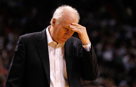 MIAMI, FL - JANUARY 17:  San Antonio Spurs head coach Gregg Popovich reacts during a game against the Miami Heat at American Airlines Arena on January 17, 2012 in Miami, Florida. <br /><br /><span class="help">(Photo by Mike Ehrmann/Getty Images)</span>