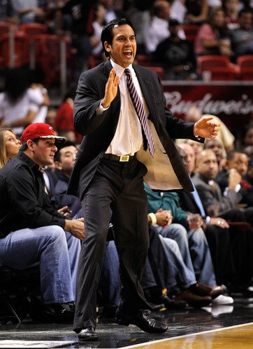 MIAMI, FL - JANUARY 17: Miami Heat head coach Erik Spoelstra yells during a game against the San Antonio Spurs at American Airlines Arena on January 17, 2012 in Miami, Florida. <br /><br /><span class="help">(Photo by Mike Ehrmann/Getty Images)</span>