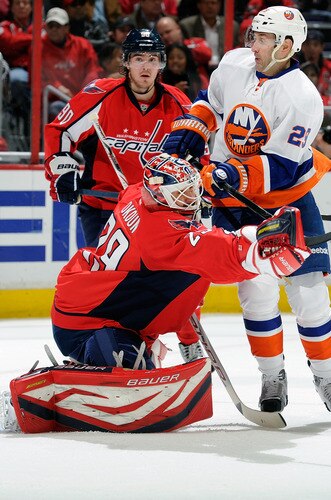 WASHINGTON, DC - JANUARY 17:  Tomas Vokoun #29 of the Washington Capitals makes a save against Jay Pandolfo #29 of the New York Islanders at the Verizon Center on January 17, 2012 in Washington, DC. The Islanders won the game 3-0.  <br /><br /><span class="help">(Photo by Greg Fiume/Getty Images)</span>