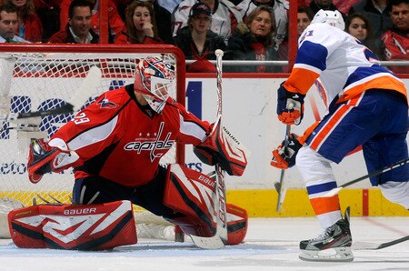 WASHINGTON, DC - JANUARY 17:  Tomas Vokoun #29 of the Washington Capitals makes a save against Kyle Okposo #21 of the New York Islanders at the Verizon Center on January 17, 2012 in Washington, DC.  <br /><br /><span class="help">(Photo by Greg Fiume/Getty Images)</span>