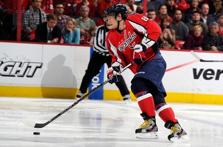 WASHINGTON, DC - JANUARY 17:  Alex Ovechkin #8 of the Washington Capitals brings the puck down the ice against the New York Islanders at the Verizon Center on January 17, 2012 in Washington, DC.  <br /><br /><span class="help">(Photo by Greg Fiume/Getty Images)</span>