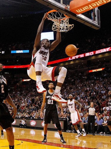 MIAMI, FL - JANUARY 17: Joel Anthony #50 of the Miami Heat dunks during a game against the San Antonio Spurs at American Airlines Arena on January 17, 2012 in Miami, Florida. <br /><br /><span class="help">(Photo by Mike Ehrmann/Getty Images)</span>