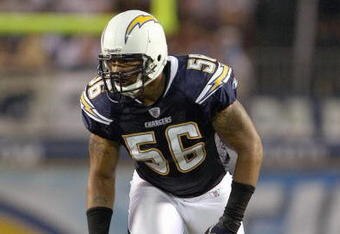 SAN DIEGO - AUGUST 30: Shawne Merriman #56 of the San Diego Chargers gets ready to move at the snap during the game against the San Francisco 49ers on August 30, 2007 at Qualcomm Stadium in San Diego, California.  (Photo by Stephen Dunn/Getty Images)
