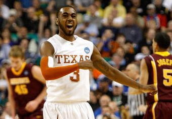 GREENSBORO, NC - MARCH 19:  A.J. Abrams #3 of the Texas Longhorns reacts after a basket against the Minnesota Golden Gophers during the first round of the NCAA Division I Men's Basketball Tournament at the Greensboro Coliseum on March 19, 2009 in Greensboro, North Carolina.  (Photo by Streeter Lecka/Getty Images)
