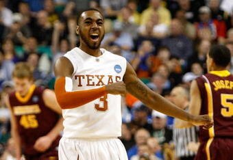 GREENSBORO, NC - MARCH 19:  A.J. Abrams #3 of the Texas Longhorns reacts after a basket against the Minnesota Golden Gophers during the first round of the NCAA Division I Men's Basketball Tournament at the Greensboro Coliseum on March 19, 2009 in Greensboro, North Carolina.  (Photo by Streeter Lecka/Getty Images)