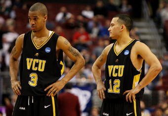 PHILADELPHIA - MARCH 19:  Eric Maynor #3 and Joey Rodriguez #12 of the VCU Rams look on during the game against the UCLA Bruins during the first round of the NCAA Division I Men's Basketball Tournament at the Wachovia Center on March 19, 2009 in Philadelphia, Pennsylvania. The Bruins defeated the Rams 65-64.  (Photo by Jim McIsaac/Getty Images)