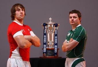 LONDON - UNDATED:  RBS 6 Nations captains Ryan Jones of Wales (L) and Brian O�Driscoll of Ireland square up over the RBS 6 Nations trophy in London, England.  Wales and Ireland will compete in the Championship decider at Millennium Stadium on Saturday March 21, 2009. (Photo by Paul Gilham/Getty Images for RBS)