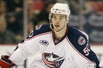 DETROIT, MI - MARCH 7:  Antoine Vermette #50 of the Columbus Blue Jackets skates in a game against the Detroit Red Wings on March 7, 2009 at Joe Louis Arena in Detroit, Michigan. The Blue Jackets defeated the Red Wings 8-2 on the strength of a hat trick by Rick Nash. (Photo by Claus Andersen/Getty Images)  