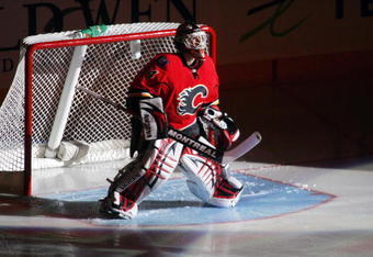 CALGARY, CANADA - APRIL 13:  Goaltender Miikka Kiprusoff #34 of the Calgary Flames is introduced before playing the San Jose Sharks during game three of the 2008  NHL Stanley Cup Playoffs Western Conference Quarter-finals at Pengrowth Saddledome on April 13, 2008 in Calgary, Alberta, Canada. The Flames defeated the Sharks 4-3. (Photo by Mike Ridewood/Getty Images)