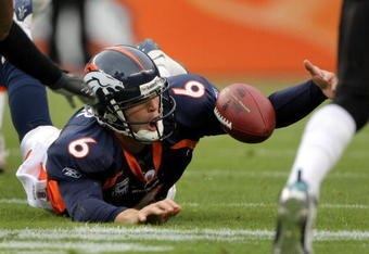 DENVER - OCTOBER 12:  Quarterback Jay Cutler #6 of the Denver Broncos fumbles the ball and turns it over as he scrambles against the Jacksonville Jaguars during NFL action on October 12, 2008 at Invesco Field at Mile High in Denver, Colorado.  (Photo by Doug Pensinger/Getty Images)