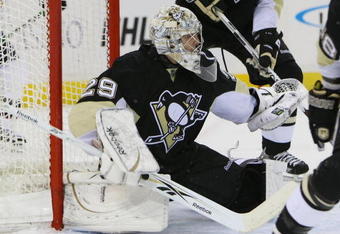 PITTSBURGH - MARCH 17: Marc-Andre Fleury #29 of the Pittsburgh Penguins skates against the Atlanta Thrashers on March 17, 2009 at the Mellon Arena in Pittsburgh, Pennsylvania. (Photo by Bruce Bennett/Getty Images)