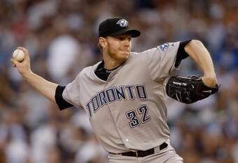 NEW YORK _ JUNE 3:  Roy Halladay #32 of the Toronto Blue Jays delivers a pitch during the game against the New York Yankees on June 3, 2008 at Yankee Stadium in the Bronx borough of New York City. (Photo by: Nick Laham/Getty Images)
