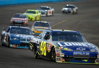 AVONDALE, AZ - NOVEMBER 09:  Jimmie Johnson, driver of the #48 Lowe's Chevrolet, leads Kurt Busch, driver of the #2 Miller Lite Dodge, during the NASCAR Sprint Cup Series Checker O'Reilly Auto Parts 500 at Phoenix International Raceway on November 9, 2008 in Avondale, Arizona.  (Photo by Harry How/Getty Images)