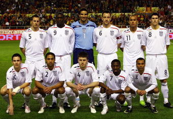 SEVILLE, SPAIN - FEBRUARY 11:  England line up for the International Friendly between Spain and England at the Ramon Sanchez Pizjuan Stadium on February 11, 2009 in Seville, Spain.  (Photo by Alex Livesey/Getty Images)