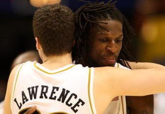 BOISE, ID - MARCH 22:  Forward DeMarre Carroll #1 of the Missouri Tigers hugs guard Matt Lawrence #33 following their 83-79 win over the Marquette Golden Eagles during the second round of the NCAA Division I Men's Basketball Tournament at the Taco Bell Arena on March 22, 2009 in Boise, Idaho.  (Photo by Jed Jacobsohn/Getty Images)