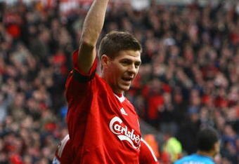 LIVERPOOL, UNITED KINGDOM - MARCH 22:  Steven Gerrard of Liverpool celebrates after scoring his team's third goal during the Barclays Premier League match between Liverpool and Aston Villa at Anfield on March 22, 2009 in Liverpool, England.  (Photo by Alex Livesey/Getty Images)