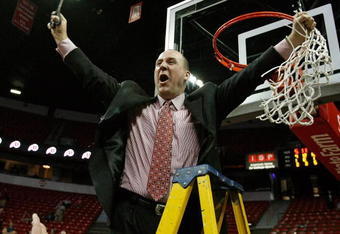 LAS VEGAS - MARCH 14:  Head coach Jim Boylen of the Utah Utes reacts after cutting down the net after defeating the San Diego State Aztecs 52-50 during the championship game of the Conoco Mountain West Conference tournament at the Thomas & Mack Center March 14, 2009 in Las Vegas, Nevada.  (Photo by Ethan Miller/Getty Images)