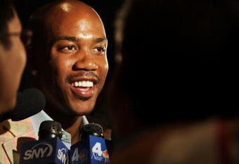 NEW YORK - MAY 13: Knicks gaurd Stephon Marbury speaks to the media during a press conference to introduce Mike D'Antoni (not shown) as the New York Knicks new head coach on May 13, 2008 at Madison Square Garden in New York City. NOTE TO USER: User expressly acknowledges and agrees that, by downloading and or using this Photograph, User is consenting to the terms and conditions of the Getty Images License Agreement. (Photo by Mike Stobe/Getty Images)