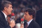 16 Jun 1996:  Commentators Marv Albert and Matt Goukas for NBC Sports speak to each other during a playoff game between the Seattle Supersonics and the Chicago Bulls at the United Center in Chicago, Illinois.  The Bulls won the game 87-75. Mandatory Credi