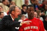 INDIANAPOLIS - MARCH 14:  Head coach Thad Matta of the Ohio State Buckeyes talks with Jeremie Simmons #2 against the Michigan State Spartans during their semifinal game of the Big Ten Men's Basketball Tournament at Conseco Fieldhouse on March 14, 2009 in Indianapolis, Indiana.  (Photo by Jonathan Daniel/Getty Images)
