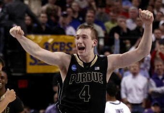 PORTLAND, OR - MARCH 21:  Robbie Hummel #4 of the Purdue Boilermakers celebrates after defeating the Washington Huskies during the second round of the NCAA Division I Men's Basketball Tournament at the Rose Garden on March 21, 2009 in Portland, Oregon. The Boilermakers defeated the Huskies 76-74 to advance to the Sweet 16.  (Photo by Jonathan Ferrey/Getty Images)