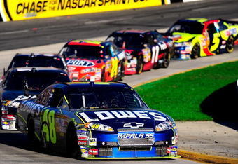 MARTINSVILLE, VA - OCTOBER 19:  Jimmie Johnson, driver of the #48 Lowes Chevrolet, leads a group of cars during the closing laps of the NASCAR Sprint Cup Series TUMS QuikPak 500 at Martinsville Speedway on October 19, 2008 in Martinsville, Virginia.  (Photo by Rusty Jarrett/Getty Images for NASCAR)