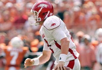 AUSTIN, TX - SEPTEMBER 27:  Quarterback Casey Dick #11 of the Arkansas Razorbacks moves to pass the ball during the game against the Texas Longhorns on September 27, 2008 at Darrell K Royal-Texas Memorial Stadium in Austin, Texas.  Texas won 52-10.  (Photo by Brian Bahr/Getty Images)