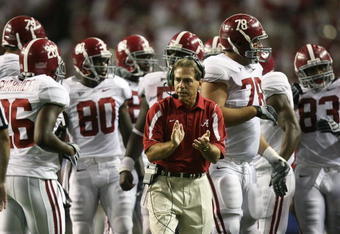 ATLANTA - AUGUST 30:  Head coach Nick Saban of the Alabama Crimson Tide cheers his team on after making a fourth down stop late in the game against the Clemson Tigers at the Georgia Dome on August 30, 2008 in Atlanta, Georgia. Alabama defeated Clemson 34-10.  (Photo by Doug Benc/Getty Images)