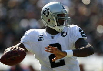 OAKLAND, CA - SEPTEMBER 28:  JaMarcus Russell #2 of the Oakland Raiders passes during the game against the San Diego Chargers on September 28, 2008 at Oakland Coliseum in Oakland, California. (Photo by Jed Jacobsohn/Getty Images)