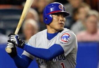 NEW YORK - SEPTEMBER 23: Kosuke Fukudome #1 of the Chicago Cubs hits an RBI double in the second innings against the New York Mets during their game at Shea Stadium September 23, 2008 in the Flushing neighborhood of the Queens borough of New York City.  (Photo by Nick Laham/Getty Images)