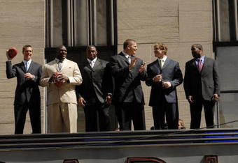 NEW YORK - APRIL 24:  (L-R)  Former college football players Matt Ryan, Glenn Dorsey, Vernon Gholston, Jake Long, Chris Long, and Darren McFadden pose on the Radio City Music Hall marquee after the NFL Draft Media Luncheon April 24, 2008 in New York City.  (Photo by Jonathan Fickies/Getty Images)