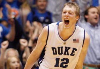 DURHAM, NC - MARCH 03:  Kyle Singler #12 of the Duke Blue Devils reacts against the Florida State Seminoles during the game on March 3, 2009 at Cameron Indoor Stadium in Durham, North Carolina.  (Photo by Kevin C. Cox/Getty Images)