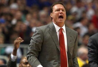 MINNEAPOLIS - MARCH 22:  Head coach Bill Self of the Kansas Jayhawks reacts as he coaches against the Dayton Flyers during the second round of the NCAA Division I Men's Basketball Tournament at the Hubert H. Humphrey Metrodome on March 22, 2009 in Minneapolis, Minnesota. Kansas won 60-43. (Photo by Jonathan Daniel/Getty Images)