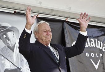 NESHANIC STATION, NJ - JUNE 3: In this handout photo provided by Callaway Golf, golfer Arnold Palmer announces an initiative to double the number of the Callaway Performance Center custom fitting locations in the U.S. from nine to 20 by 2010, June 3, 2008 in Neshanic Station, New Jersey. (Photo by Dima Gavrysh/Callaway Golf via Getty Images)