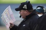 CHAMPAIGN, IL-NOVEMBER 3:  Andy Reid Head Coach of the Philadelphia Eagles reads the game plan against the Chicago Bears during the NFL game on November 3, 2002 at Memorial Stadium at the University of Illinois in Champaign, Illinois.  The Eagles defeated the Bears 19-13. (Photo by Jonathan Daniel/Getty Images)