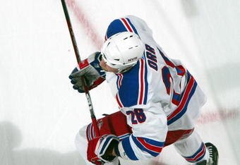 UNIONDALE, NY - MARCH 05:  Colton Orr #28 of the New York Rangers warms up before playing against the New York Islanders on March 5, 2009 at Nassau Coliseum in Uniondale, New York.  (Photo by Jim McIsaac/Getty Images)