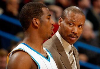 NEW ORLEANS - JANUARY 21:  Head coach Byron Scott talks with Chris Paul #3 of the New Orleans Hornets against the New Jersey Nets on January 21, 2009 at the New Orleans Arena in New Orleans, Louisiana. The Hornets defeated the Nets 102-92.   NOTE TO USER: User expressly acknowledges and agrees that, by downloading and or using this photograph, User is consenting to the terms and conditions of the Getty Images License Agreement. Mandatory Copyright Notice: Copyright 2009 NBAE  (Photo by Chris Graythen/Getty Images)