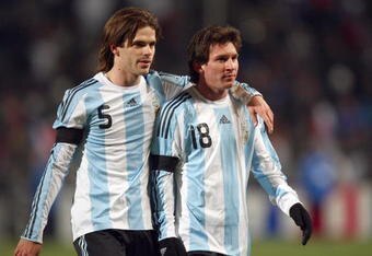 MARSEILLE, FRANCE - FEBRUARY 11:  Lionel Messi (R) walks off with team mate Fernando Gago (L) after the 2-0 victory during the International Friendly match between France and Argentina at the Stade Velodrome on February 11, 2009 in Marseille, France.  (Photo by Michael Steele/Getty Images)