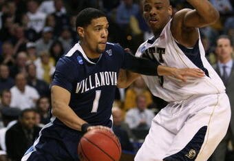 BOSTON - MARCH 28:  Scottie Reynolds #1 of the Villanova Wildcats drives past Tyrell Biggs #5 of the Pittsburgh Panthers during the NCAA Men's Basketball Tournament East Regionals at TD Banknorth Garden on March 28, 2009 in Boston, Massachusetts.  (Photo by Elsa/Getty Images)