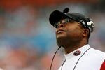 MIAMI - DECEMBER 14:  Head coach Mike Singletary of the San Francisco 49ers looks at a replay while taking on the Miami Dolphins at Dolphin Stadium on December 14, 2008 in Miami, Florida. The Dolphins defeated the 49ers 14-9.  (Photo by Doug Benc/Getty Images)